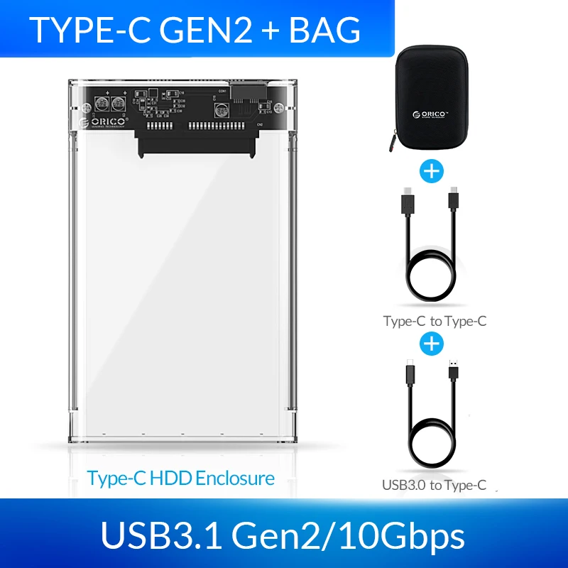 ORICO USB C HDD Чехол, новинка, 10 Gpbs USB3.1 Gen2, корпус для жесткого диска, прозрачный корпус для жесткого диска 2,5 дюйма, HDD SSD с кабелем USB C to C - Цвет: USB-C 10Gbps Add Bag