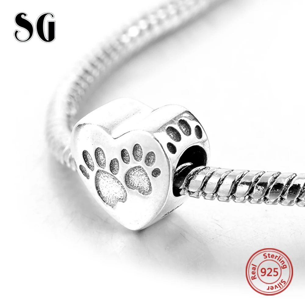 Silver Galaxy Love Heart with Dog Paw Beads For Women Fit Authentic Pandora Bracelet Charms Silver 925 Original Fashion Jewelry