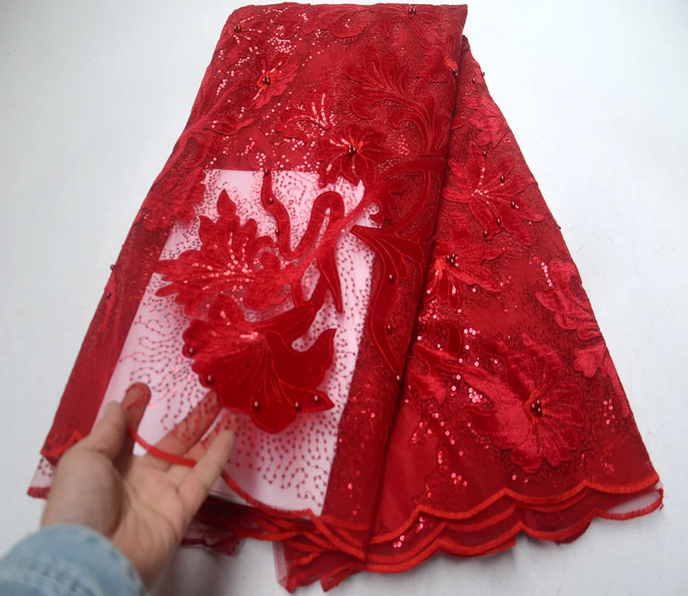 

2019 High Quality African Lace Fabric Pure RED French Net Embroidery Tulle Lace Fabric For Nigerian Wedding Party Dress
