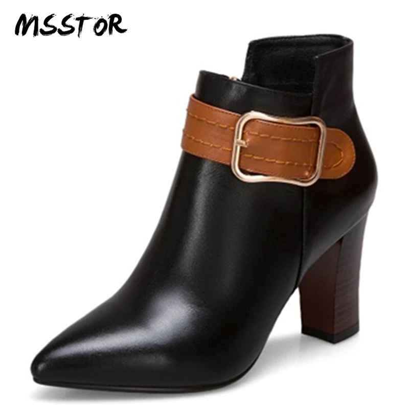 

MSSTOR Buckle Strap Mixed Colors High Heel Boots Fashion Concise Plus Size 33-43 Square Heels Womans Boots Pointed Toe Pumps