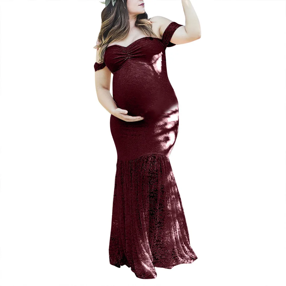 Платья для беременных с русалочкой, для фотосессии, крючком, кружевное женское платье для беременных, реквизит для фотосессии, сексуальное платье с открытыми плечами для беременных - Цвет: Бордовый