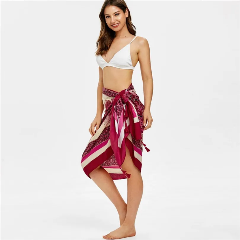 New Summer Women Beach Skirts 2019 Long Hippie Flowers Printed Elastic Waist Beach Towel Cloak Skirt #E11 (21)