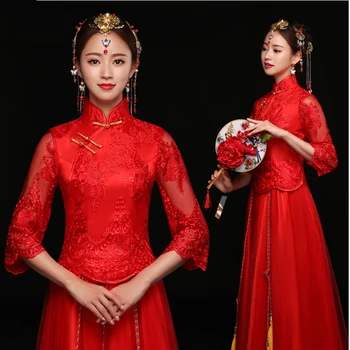 

Chinese Classic Lace Women Dresses Gown Traditional Red Marriage Qipao Suit Elegant Cheongsam Bride Wedding Dress Vestidos