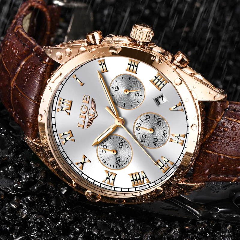 LIGE Mens Watches Top Brand Luxury Waterproof 24 hour Date Quartz Watch Man Leather Sport Wrist Watch Men Waterproof Clock 2018