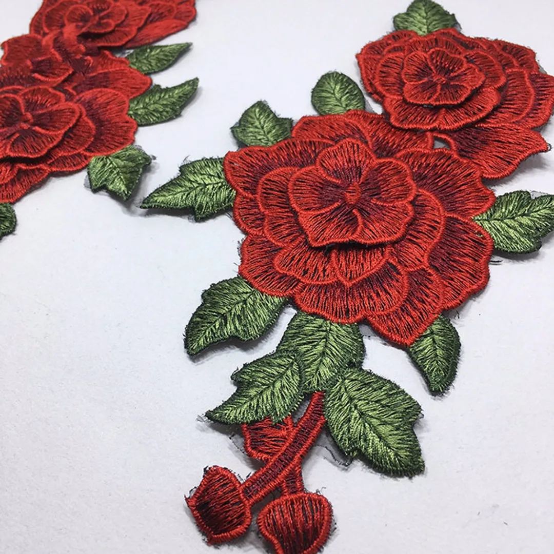 1 Pair 230*130mm New Red Rose Flower Embroidered Sew on Patch Clothes Jeans Fabric Sticker