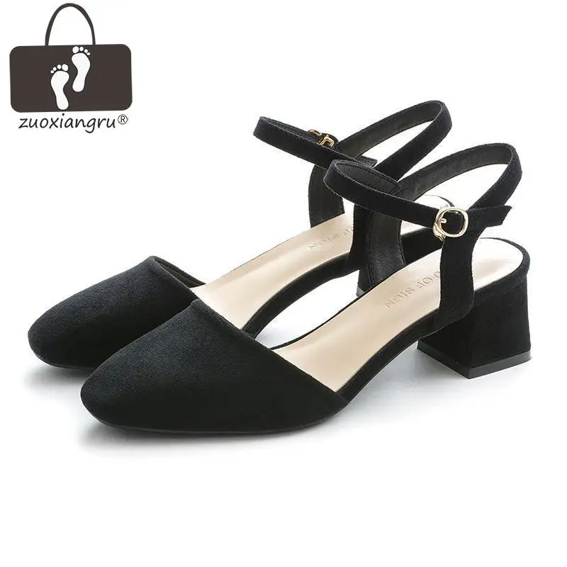 

Summer New Exquisite Matching Square Top Fashion Temperament Sweet Party Solid Buckle Strap Square Heel Women's Pumps