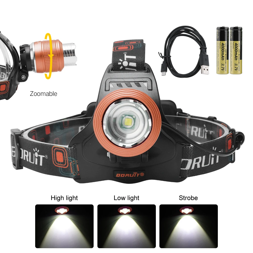 

BORUiT 3-Mode Zoomable Headlamp XML T6 LED Headlight IPX4 Waterproof Head Torch Camping Fishing Flashlight By 18650 battery