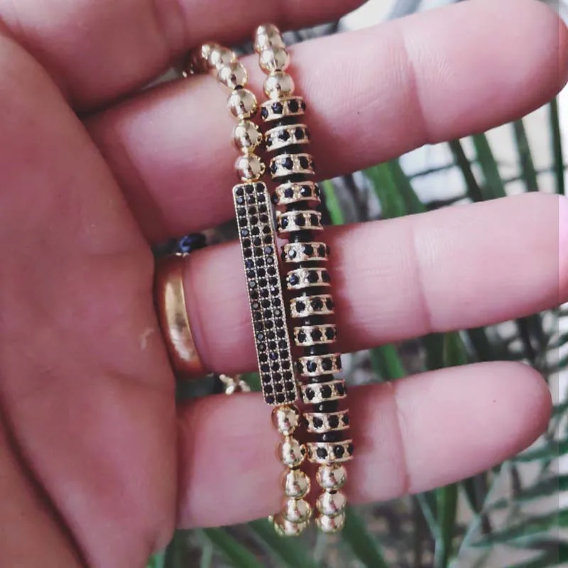 

2Pcs/Set Gold Color Copper Beads Male Bracelet Sets Micro CZ Bar Piece Female Bracelet Braiding Macrame Cord Men Bracelet