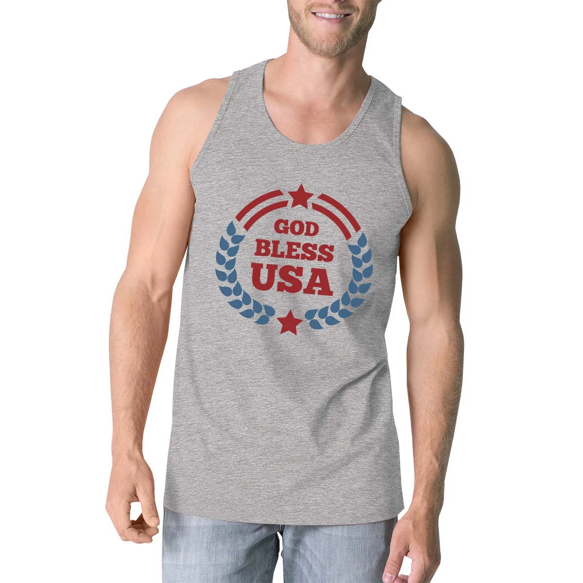 365 Printing God Bless USA Mens Grey Cotton Tank Top Independence Day Gift Idea