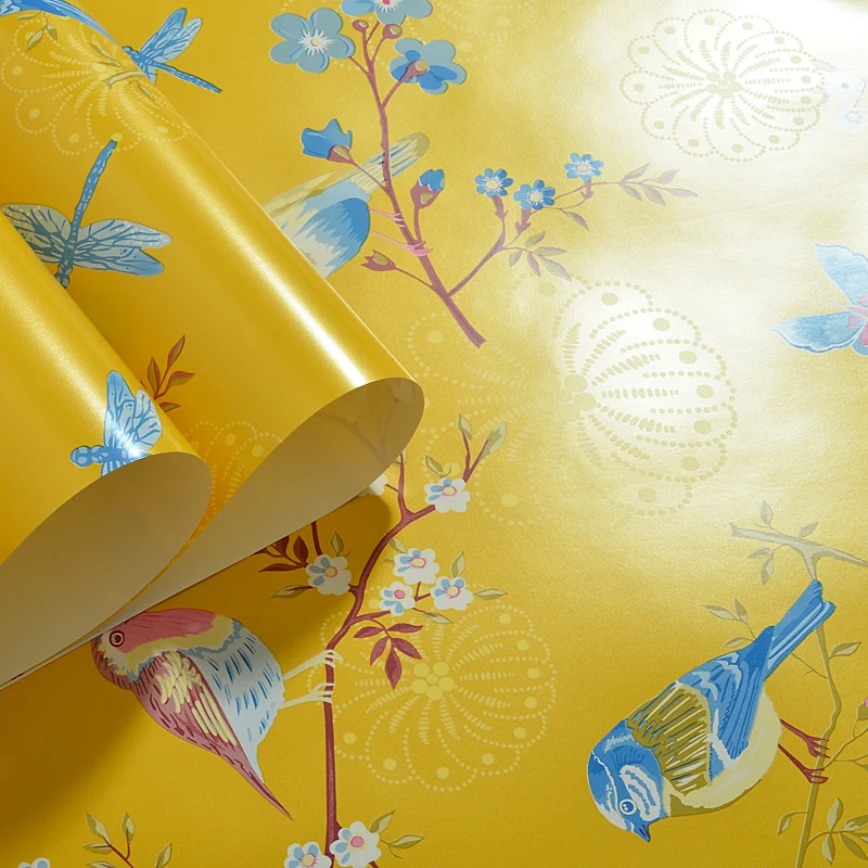 Chinese Yellow Blue Flowers Birds Environmentally Non-woven Wallpaper Living Room Bedroom Tv Background Wall Study wallpapers Chinese Yellow Blue Flowers Birds Environmentally Non-woven Wallpaper Living Room Bedroom Tv Background Wall Study wallpapers
