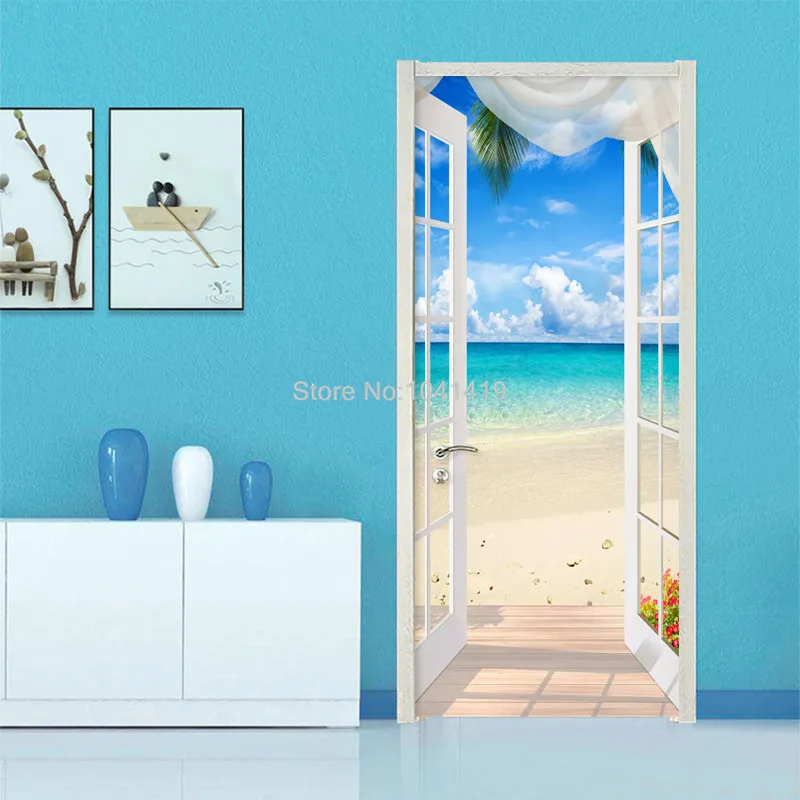 Фото обои 3D стерео окно пляж Приморский Пейзаж Фреска ПВХ самоклеющиеся двери стикеры гостиная спальня домашний декор 3 D