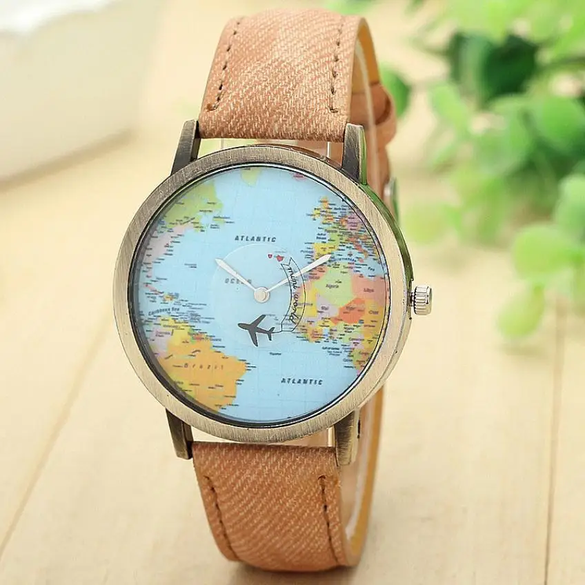 

Dropship Mini World Fashion Quartz Watch Men Unisex Map Airplane Travel Around The World Women Leather Dress Wrist Watches