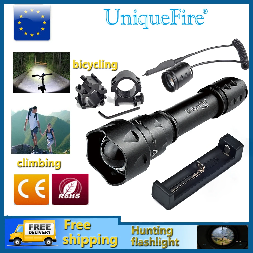 

UniqueFire UF-T20-XM-L2 LED Flashlight Waterproof Zoomable 5-Modes 10W LED Bulb White Light+Rat Tail+Charger+Scope Mount