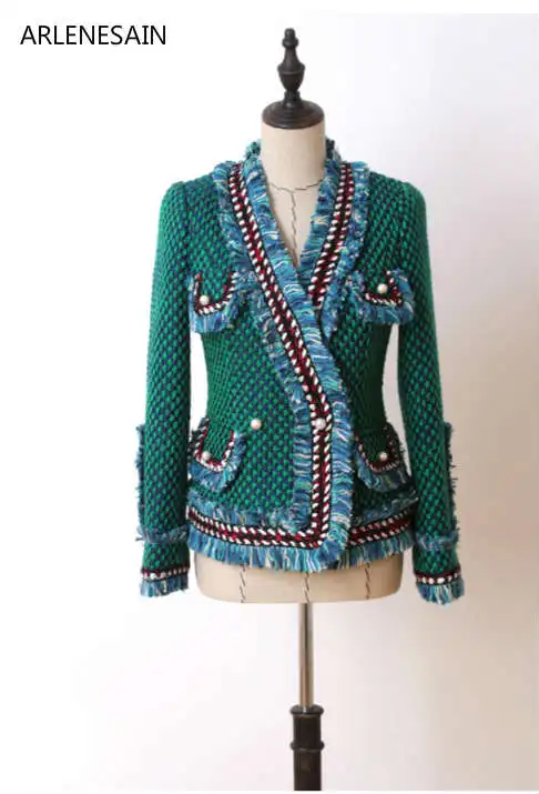 

Arlenesain custom Runway Luxury Fashion Green Tweed Suit Jacket Fringed Trim Long Flared Sleeves Front Pockets With Pearls