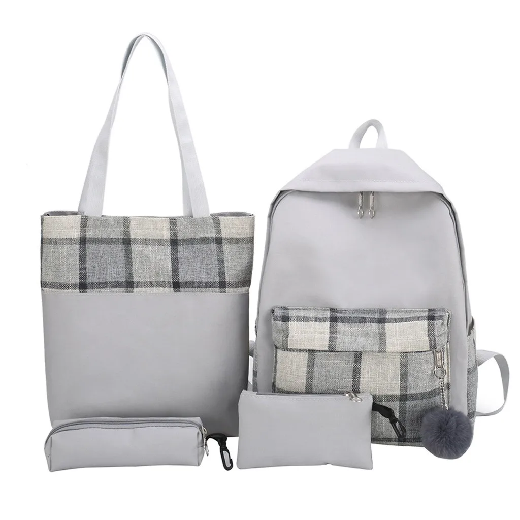 Серый цвет 4Pcs Fashion lady Student Canvas shoulder bag schoolbag bag Tour backpack plaid cosmetic bag - Цвет: Серый цвет