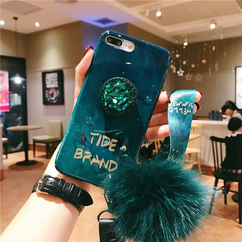 

Glossy Blue Ray Green Phone Cases for Iphone 8 7 6 6S Plus X Xs Max Xr Back Cover with Fur Ball Hand Strap&Brakcet Case Coque
