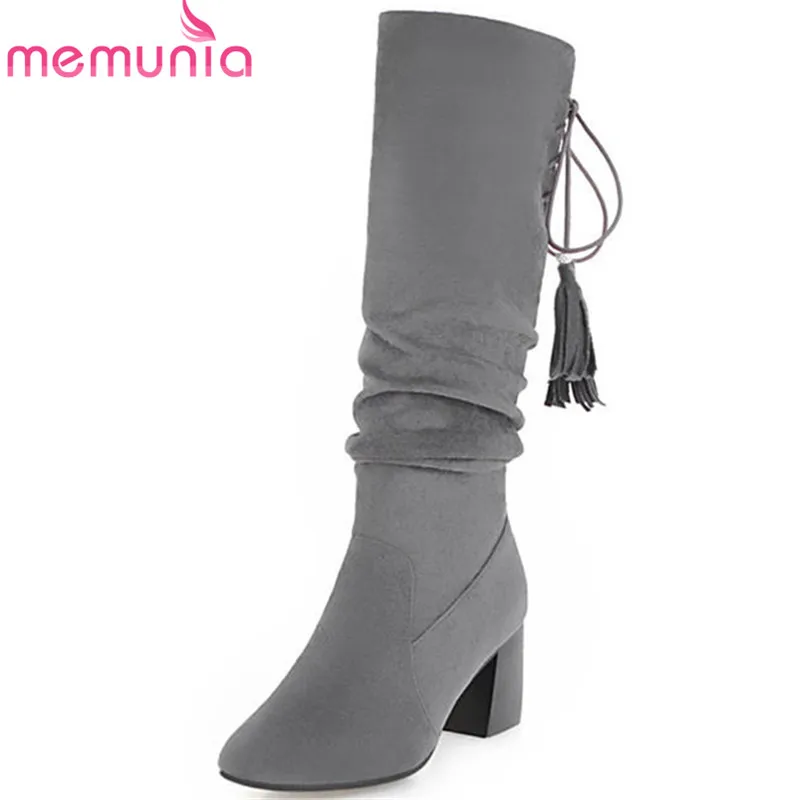 

MEMUNIA 2018 new fashion shoes woman round toe autumn winter mid calf boots lace up simple solid colors high heels boots