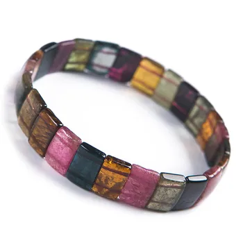 

Drop Shipping Natural Colorful Tourmaline Quartz Crystal Clear Rectangle Bead Stretch Bangle Bracelets For Women