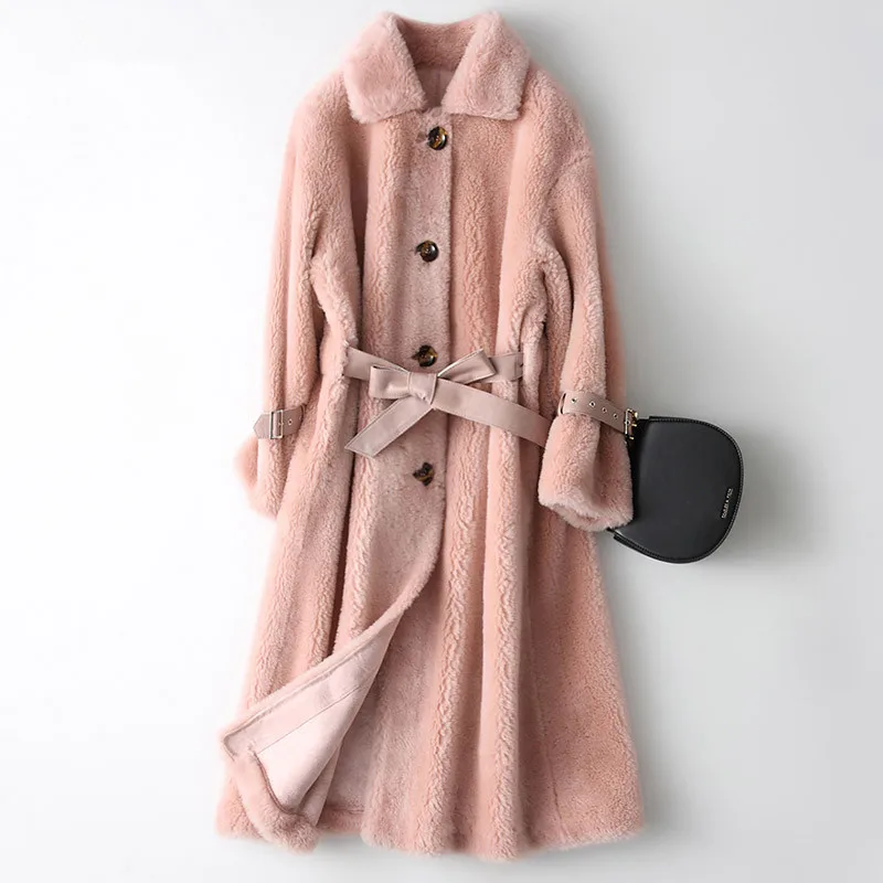 AYUNSUE, настоящее меховое пальто для женщин, шерсть, пальто,, зимняя куртка, женское длинное пальто, женский мех ягненка, корейские куртки, Abrigo Mujer MY - Цвет: pink