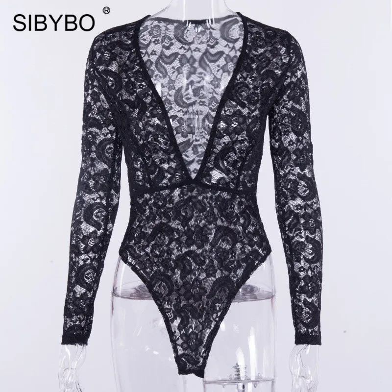 Sibybo Lace Crochet Transparent Sexy Women Bodysuit Deep V-Neck Long Sleeve Skinny Romper Women Nightclub Lace Bodysuit 2018 Sibybo Lace Crochet Transparent Sexy Women Bodysuit Deep V-Neck Long Sleeve Skinny Romper Women Nightclub Lace Bodysuit 2018