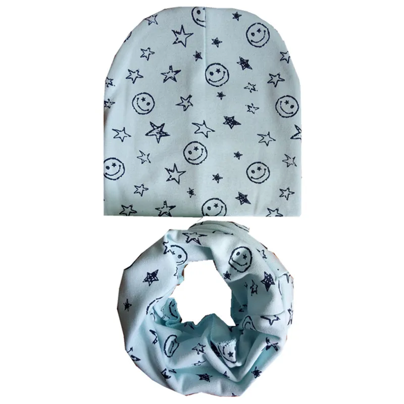 Модный детский набор из шапки и шарфа, весенний детский головной убор для девочек и мальчиков, теплый для шеи, воротник, детские вязаные шапки, хлопковые детские шапки, шарф - Цвет: light blue smile