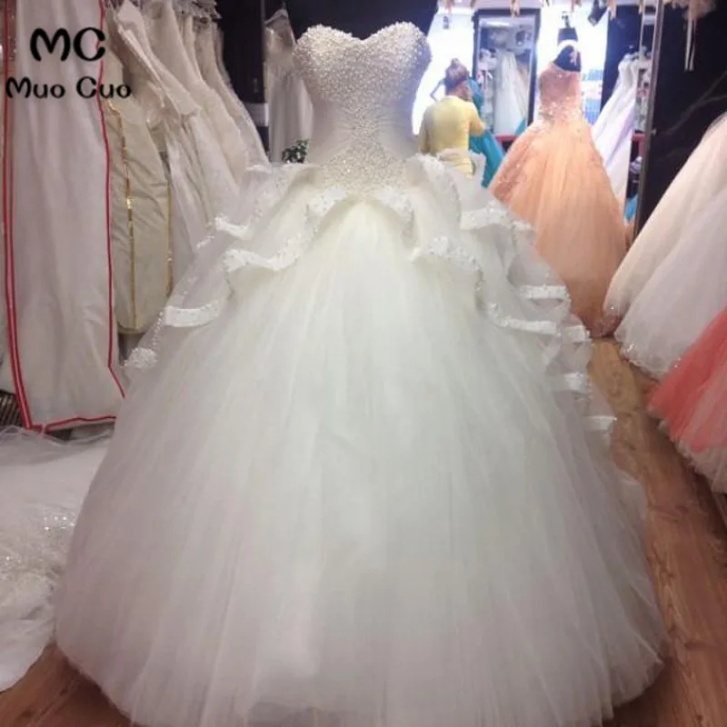 Pearl Beaded Sweetheart Bodice Corset Ball Gowns Wedding Dresses 2017