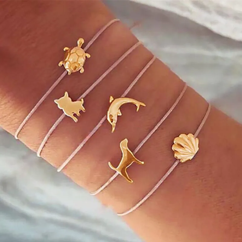 

DIEZI Bohemian Cute Gold Cat Turtle Dolphin Shell Dog Bracelets For Women Girls Beige Rope Chain Bracelets Sets Jewelry Gifts