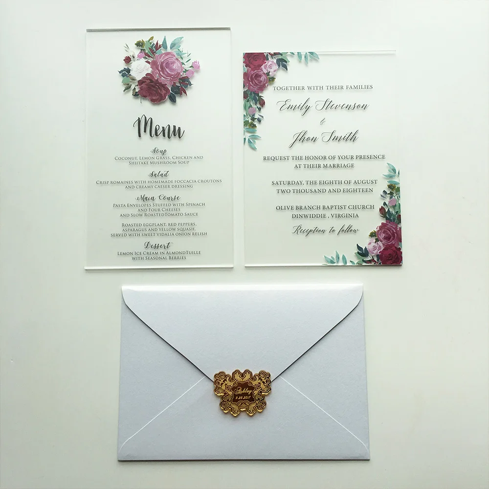  Romantic Floral Watercolor 5x7inch Frosted Acrylic Wedding Invitation Cards 100 Sets Per Lot - 32868073978