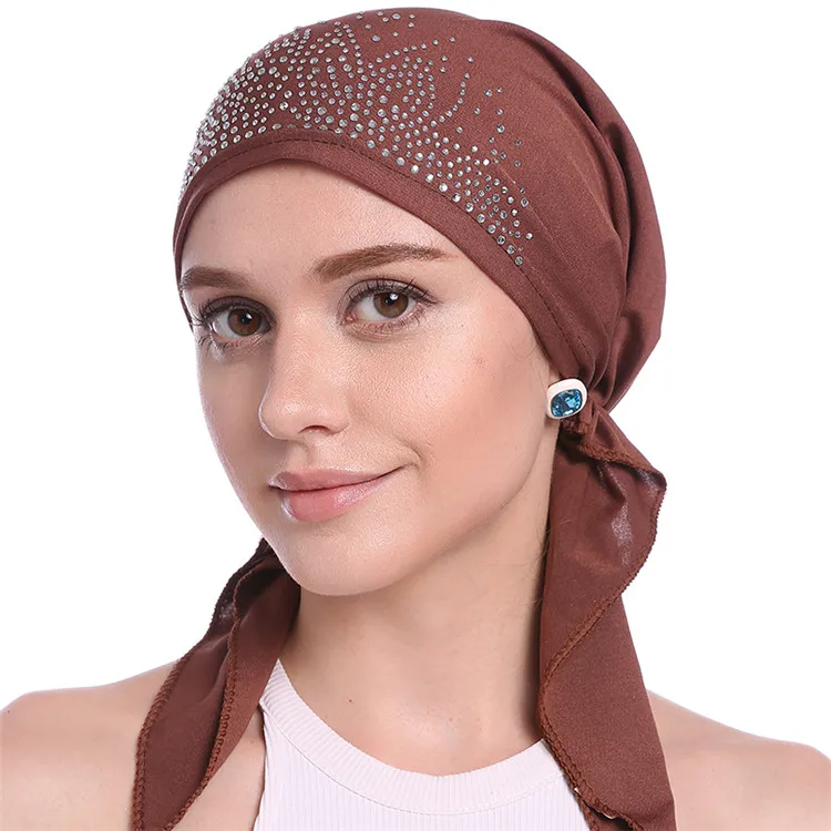 Haimeikang Осень Зима Мода Стразы повязка на голову шляпа резинки для волос для женщин Леди Мусульманский тюрбан головной платок - Цвет: Coffee