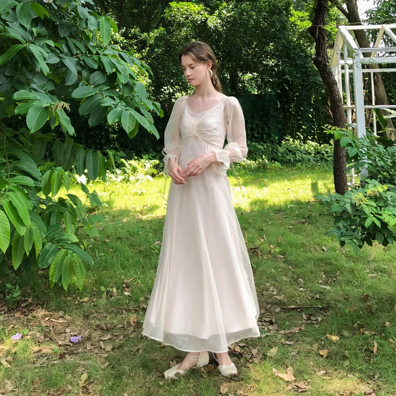 

Spring women dress Elegant slash neck drawstring pleated French petite dress with looped butterfly sleeves mesh long dress