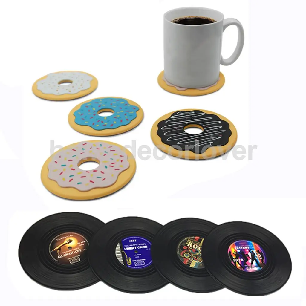 MagiDeal 4pcs Silicone Vintage CD Coasters Record Cup Mat Drink Holder Table Placemat Donut Valentine's Day Gifts Nice Valentine