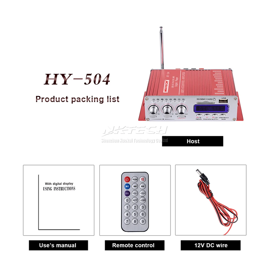 NKTECH HY-504 автомобильный аудио высокой мощности Цифровой усилитель 4CH x 45 Вт Hi-Fi FM радио плеер Поддержка SD USB DVD MP3 мотоцикл