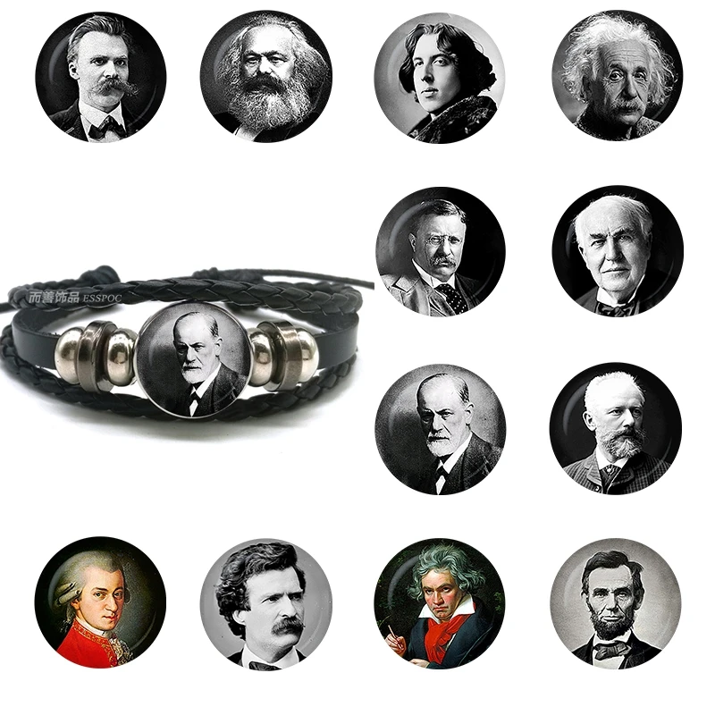 

Famous People Oscar Wilde Sigmund Freud Beethoven Lincoln Churchill Photo Glass Cabochon Multilayer Black Leather Bracelet