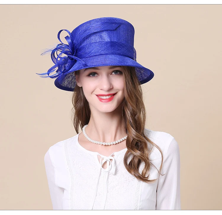 FS Королевский синий хаки леди Sinamay Hat Fascinators для свадьбы Для женщин мягкая фетровая шляпа с широкими полями Топ церкви цветок Кентукки шляпа котелок