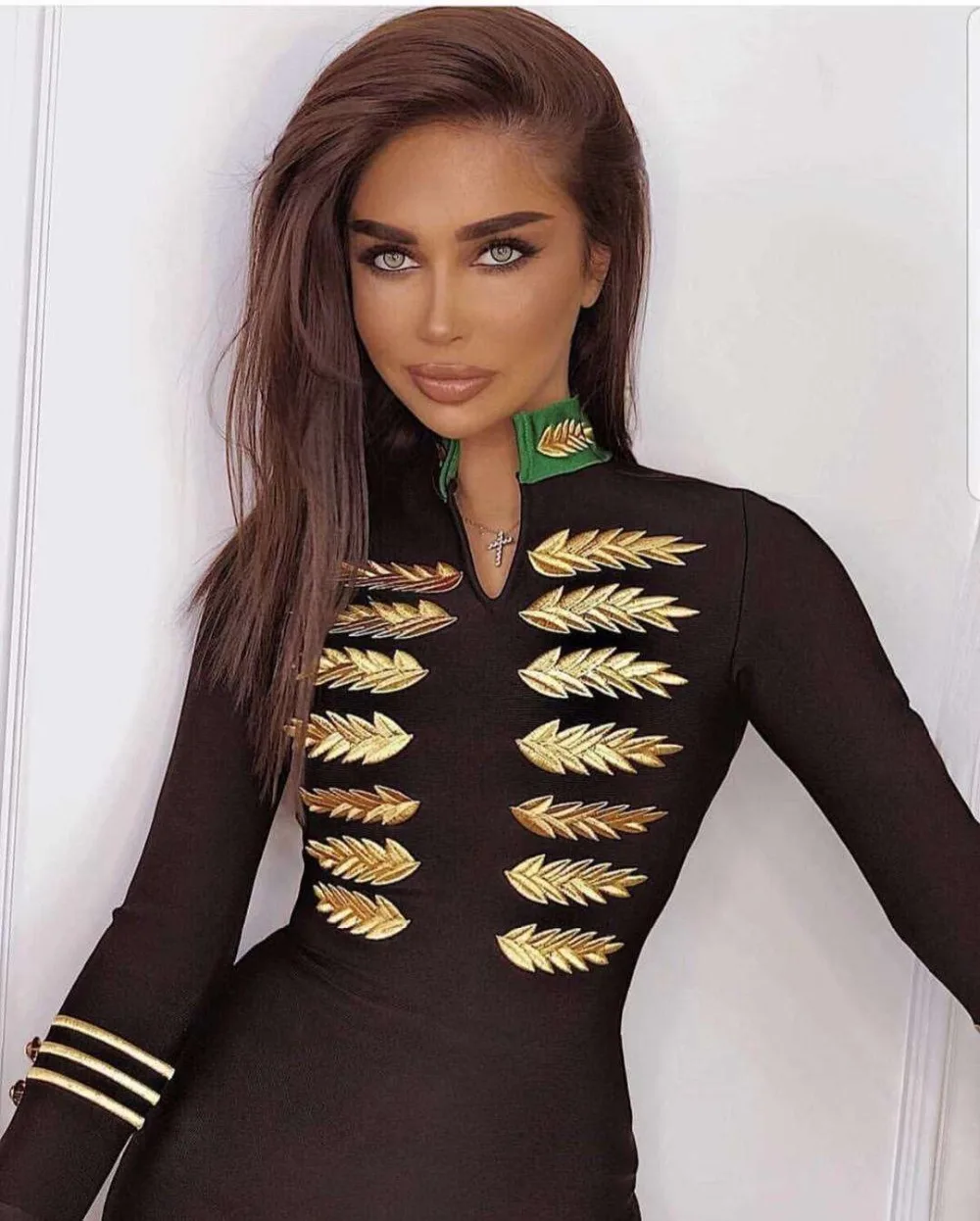 

2019 new women's sexy HL bandage dress black long-sleeved gold silk collar dress ladies party dress fashion dress