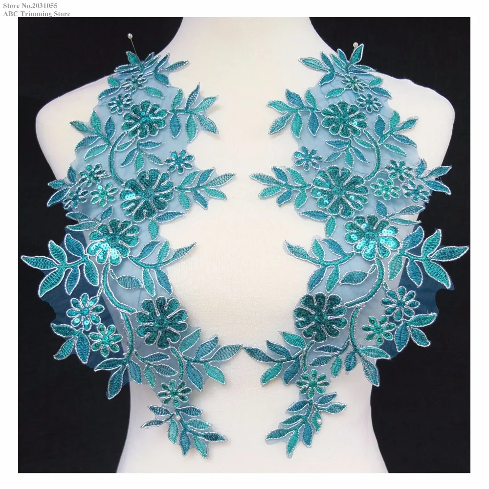 

New Teal Blue/Silver Sequined Flower Embroidery Neckline Appliques Patches DIY Apparel Sewing Fabric Costume Decoration TBNC115E