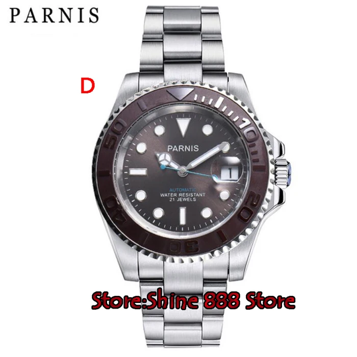 Parnis, автоматические часы для ныряльщика, водонепроницаемые, 21 драгоценный камень, для мужчин, механические часы с кожаным металлическим ремешком, мужской подарок - Цвет: D