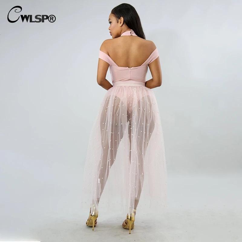 CWLSP Sexy Mesh Ball Gown Skirt See-through For Women 2018 Summer Lady Fashion Beading Long Skirts QZ2751