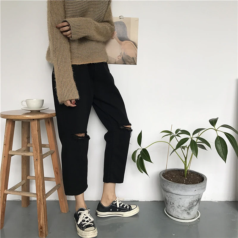 2019 Vintage Ripped Jeans Woman High Waist Loose Boyfriend Jeans Plus Size White Black Jeans for women Casual Mom Jeans femme
