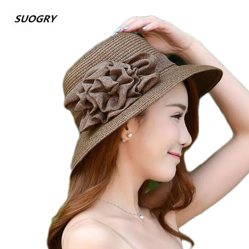 [SUOGRY] 2018 الأزياء قبعة الشمس الكبار زهرة كبيرة شاطئ كاب سيدة قبعة من القش بحافة عريضة أنيقة قبعة صيفية للنساء