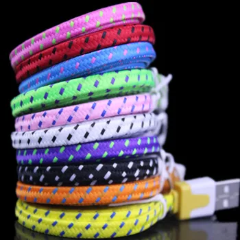 

500pcs/lot Colorful 3FT 1M Flat Noodle Fabric Nylon Braided Woven USB cable Accessory Bundles for mobile Phone 5 6 7 8 plus