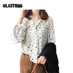 Новый 2018 корейский шифон Простая рубашка в горошек с галстук Для женщин рубашки Chic Повседневное Элегантный Очаровательная блузка рубашка