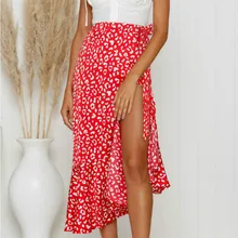 Бохо Цветочная длинная юбка Летняя Пляжная красная гофрированная Асимметричная Женская юбка с принтом женская Повседневная пляжная юбка для отдыха