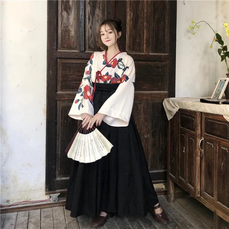 Hanfu/женская летняя юбка в китайском стиле, винтажная блузка с длинным рукавом и принтом и длинная юбка на шнуровке, комплект из двух предметов