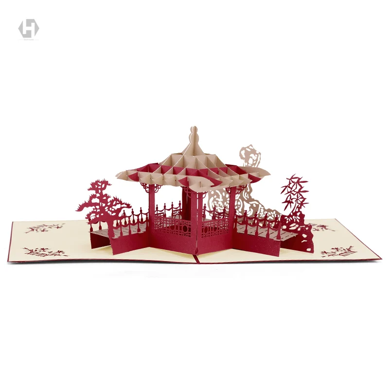 

HEART MOON Old Times Beijing Building Cards kraft laser 3D Cut Paper Pop Up Card With Envelope Invitations Greeting Invitation
