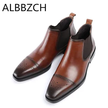 

Chelsea carving genuine leather men boots wedding shoes pointed toe slip on mens ankle boots high grade office career work boots