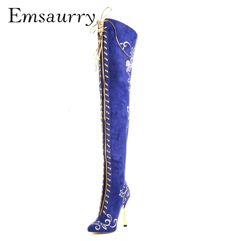 

Fashion Party Boots Women Cover Toe Cross Tied Embroidery Floral Stiletto Heel Crystal Thigh High Boots