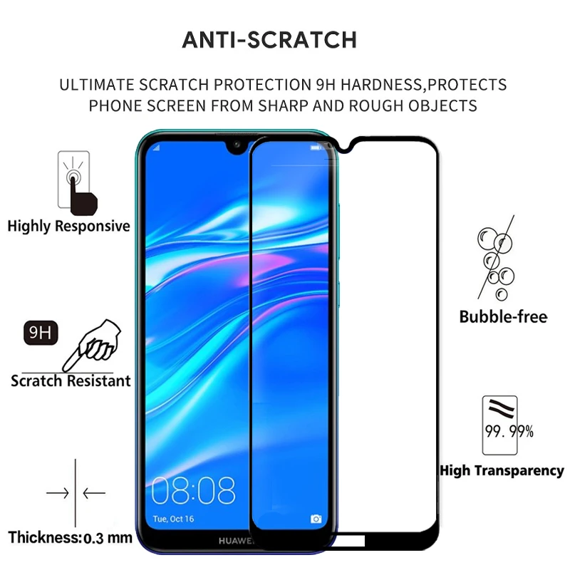 2 шт. 100% оригинальное закаленное стекло с полным покрытием для Huawei Y7 Prime 2019 9 9H