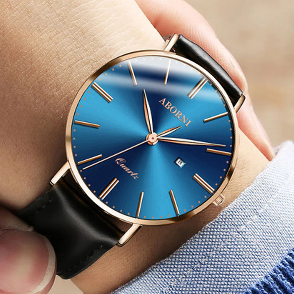 

ABORNI 2019 Brand Men Quartz Watch Rose Gold Luxury Clock Male Boys Leather Army Casual Wristwatch Waterproof Relogio Masculino