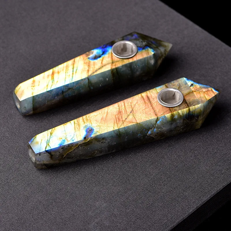 

100% Natural Quartz Crystal Reduce Nicotine Tobacco Pipe Labradorite Stone Smoking Accessory with strainer healing wand gifts